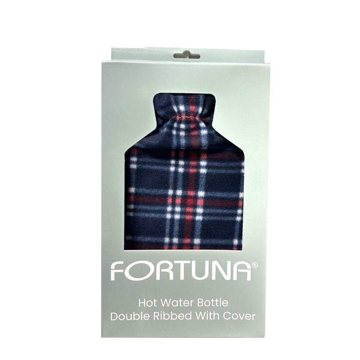 Fortuna Hot Water Bottle with Fleece Cover Navy Red Tartan