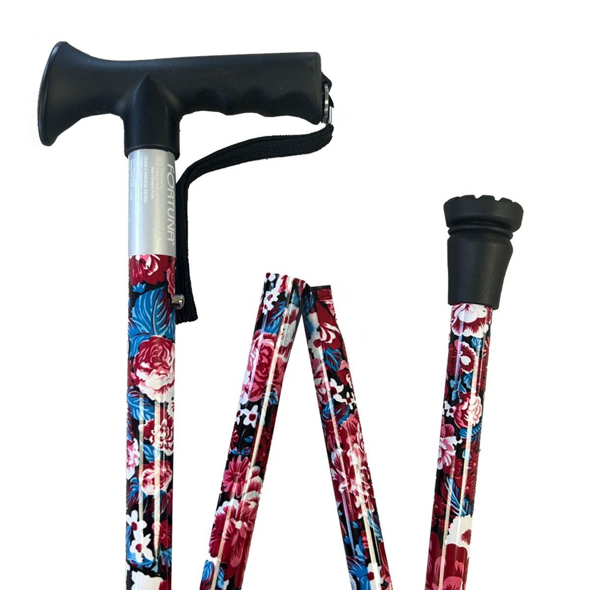Red Flowers Walking Stick Folding Height Adjustable T-Handle