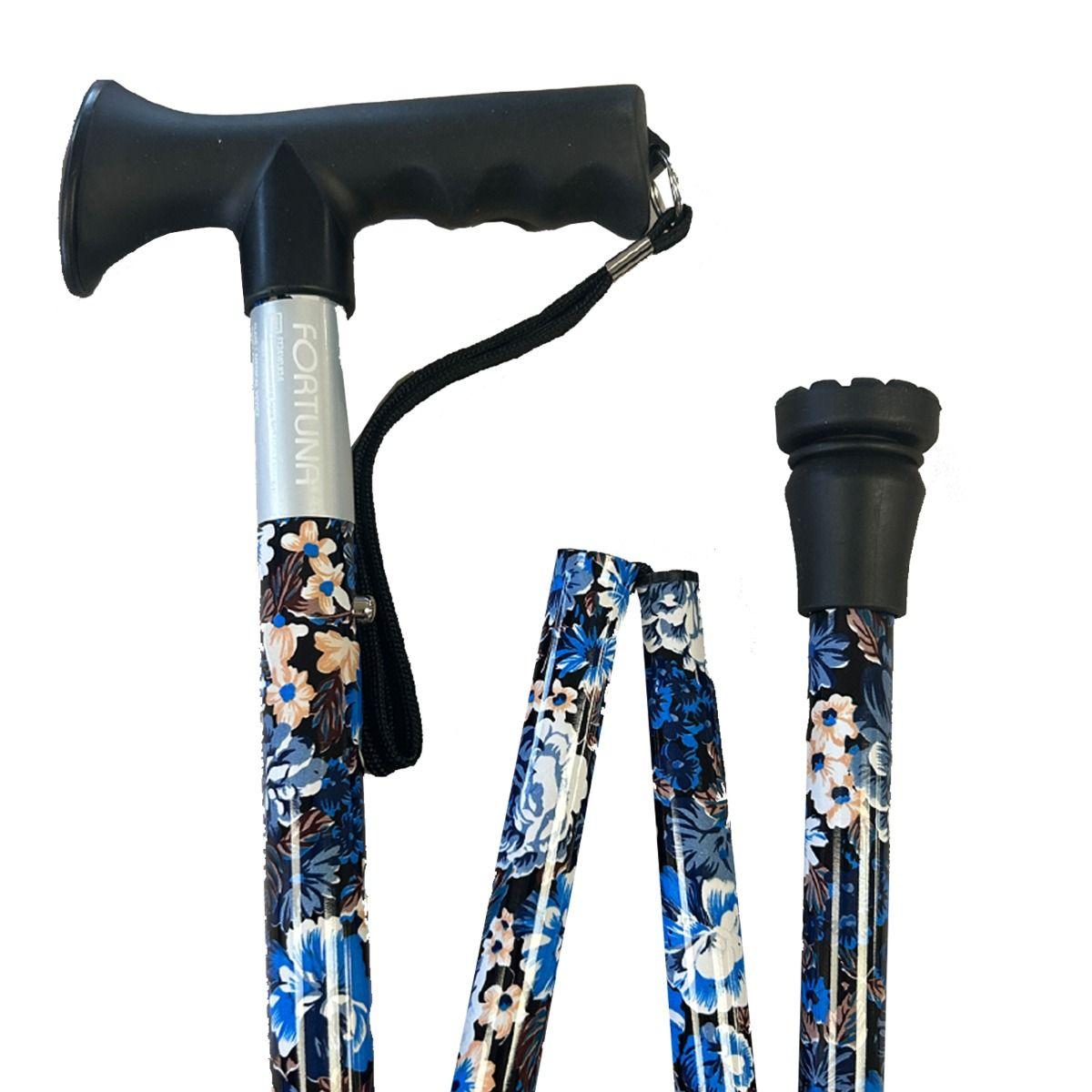 Blue Flowers Walking Stick Folding Height Adjustable T-Handle