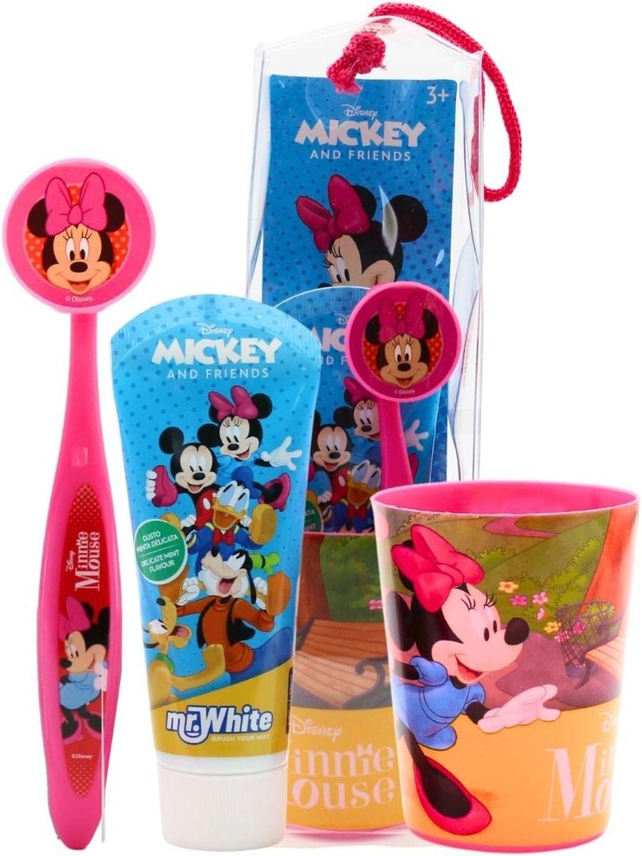 Minnie Mouse Pouch Set for Kids Include Manual Toothbrush with Suction Cup & Travel Cap, Mild Mint Flavour Toothpaste 75ml, and Beaker By Mr.White