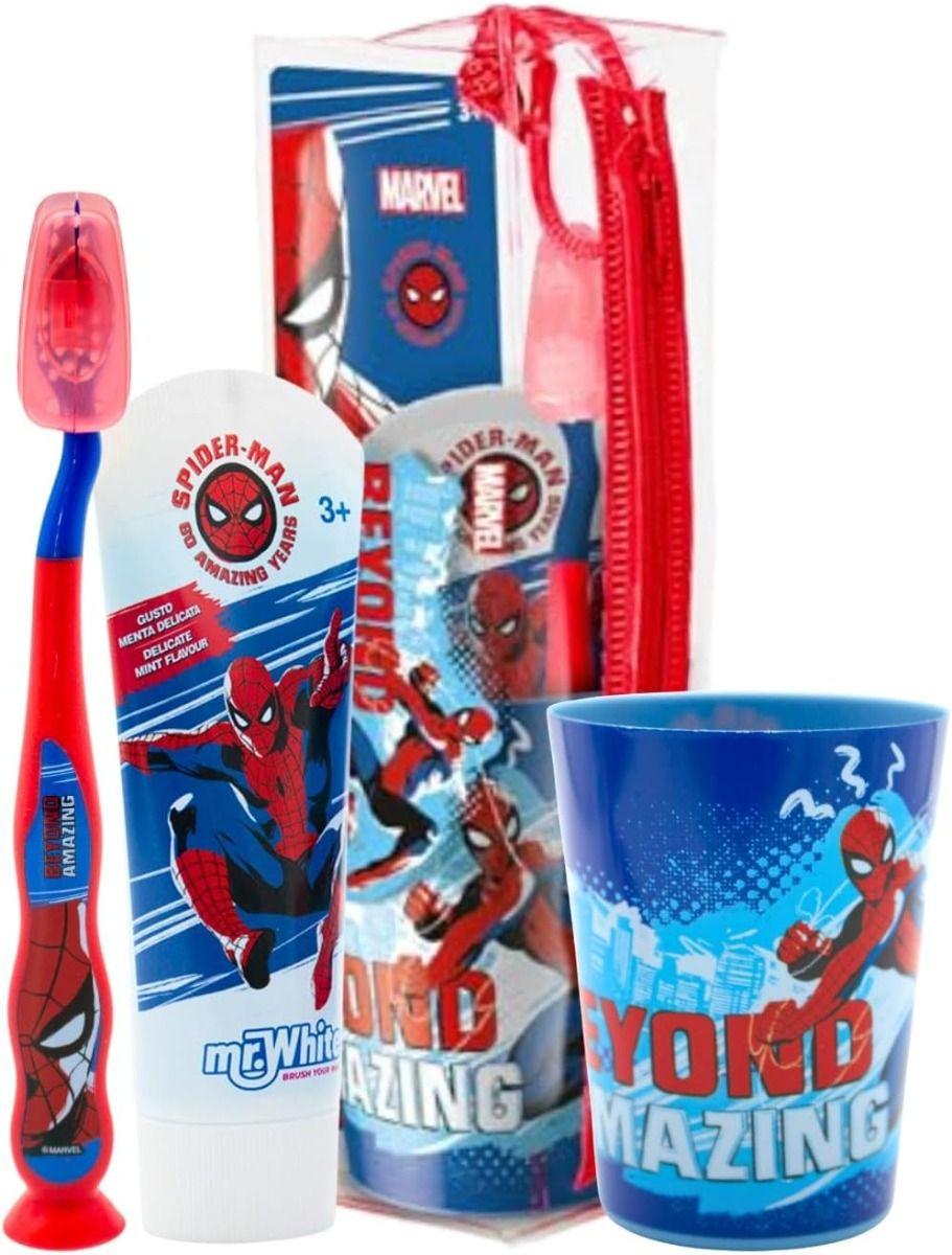 Spiderman Pouch Set for Kids Include Manual Toothbrush with Suction Cup & Travel Cap, Mild Mint Flavour Toothpaste 75ml, and Beaker By Mr.White
